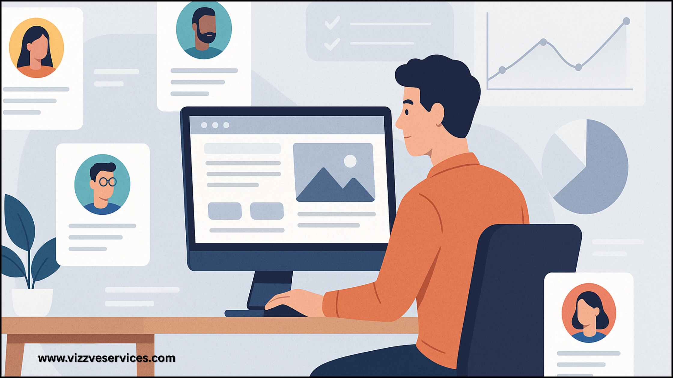 A designer customizing a website layout using different user personas and behavior charts.